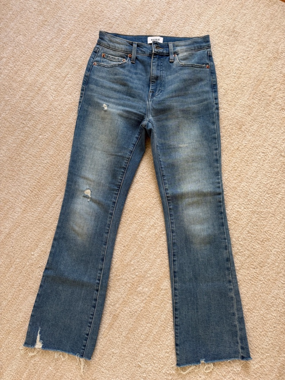 pistola Medium Blue Flare Jeans with Frayed Hem
